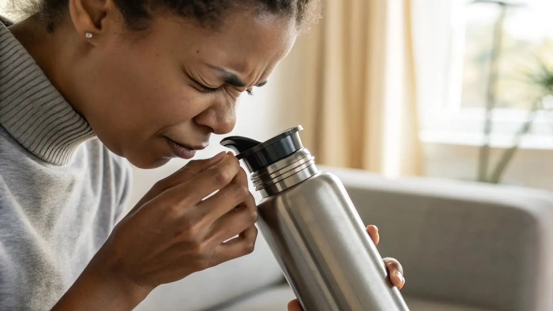 Close-up of someone opening an old stainless steel bottle and sniffing the inside