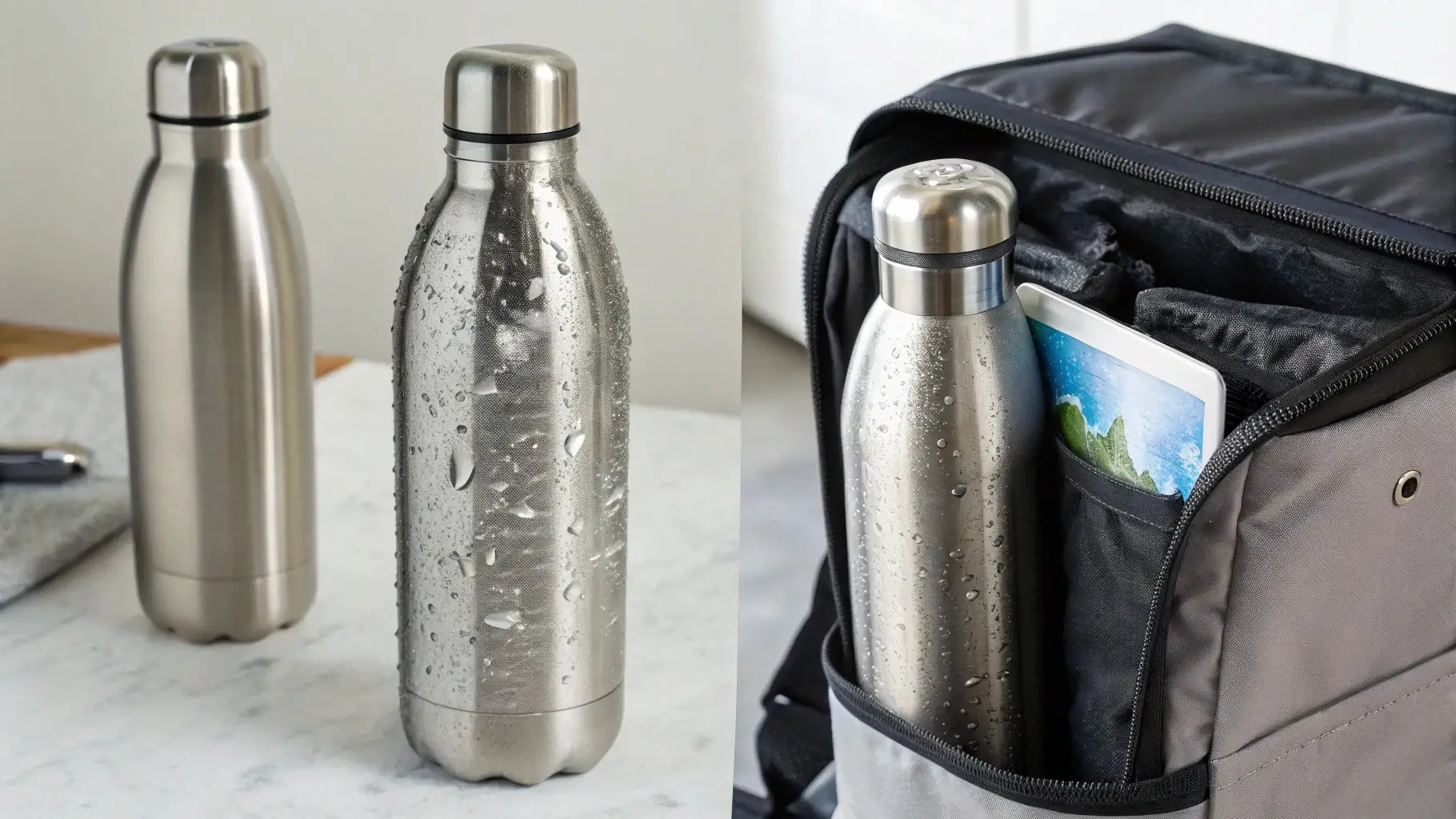 Damaged insulated bottle next to properly stored one