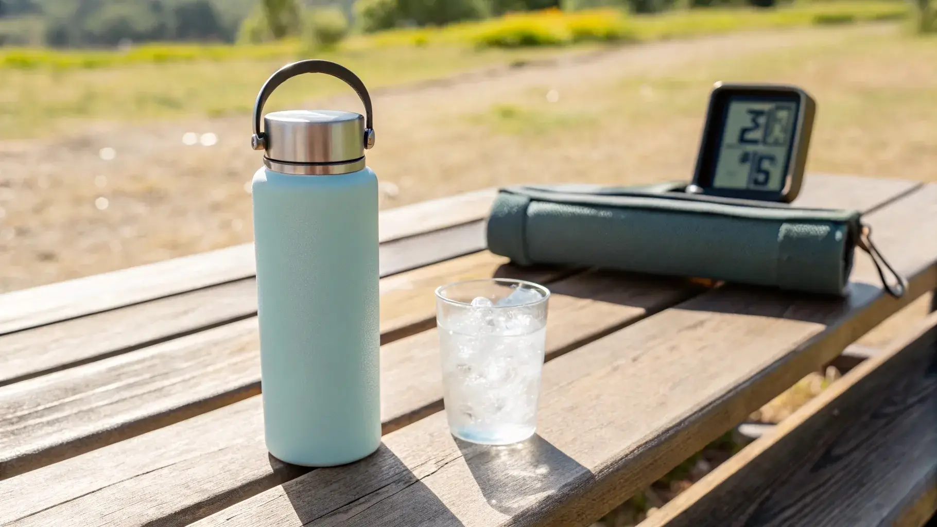 Stainless steel bottle in a sunny outdoor setting with ice still inside