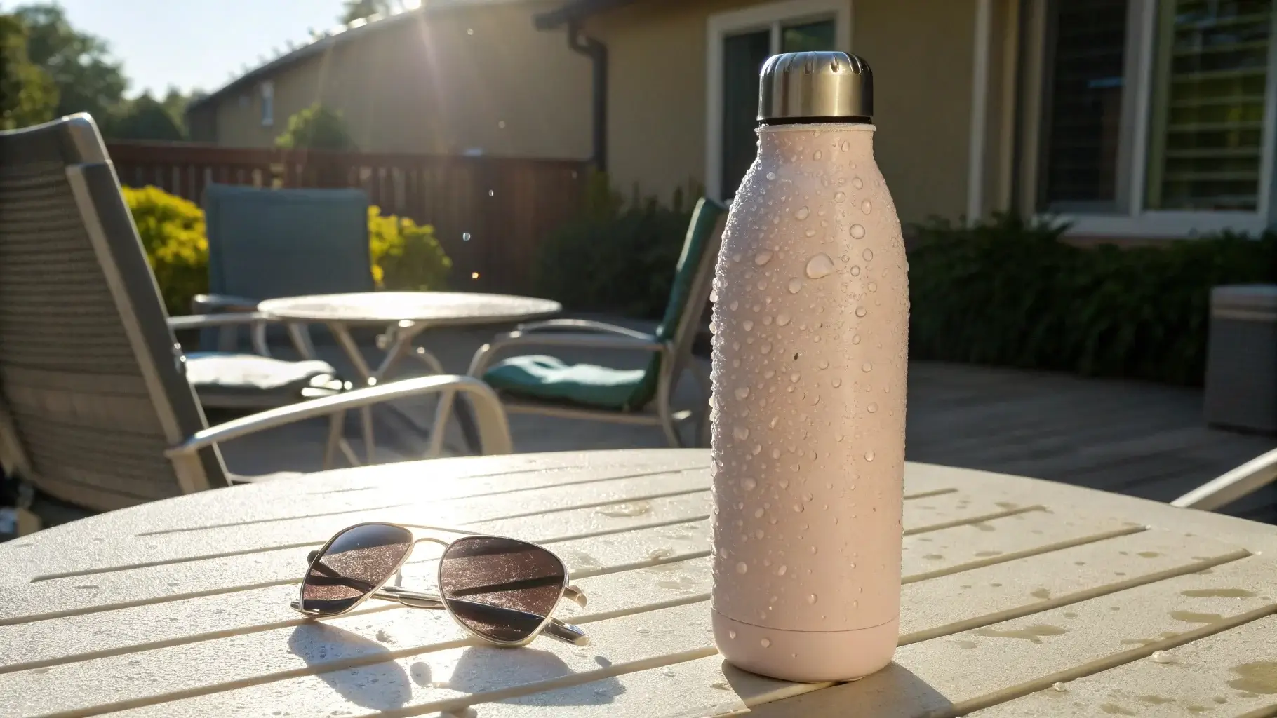 Wet insulated bottle in hot outdoor setting