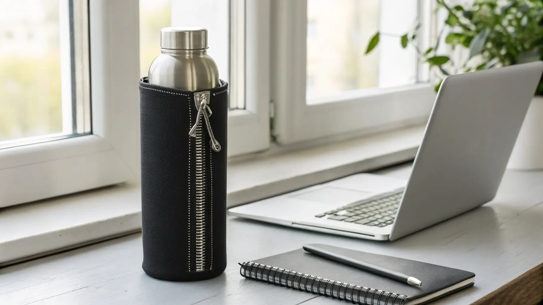 Stainless steel bottle inside a black neoprene sleeve, placed on a work desk