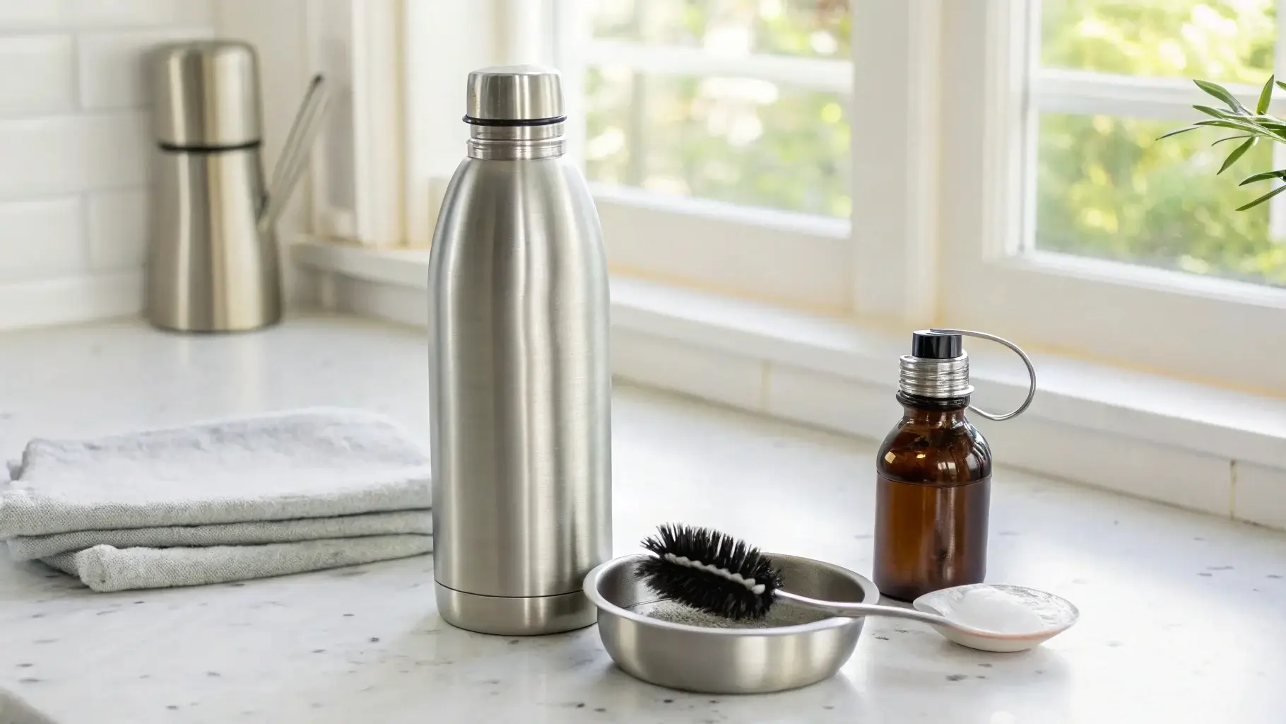 Stainless steel bottle with visible mold next to cleaning tools
