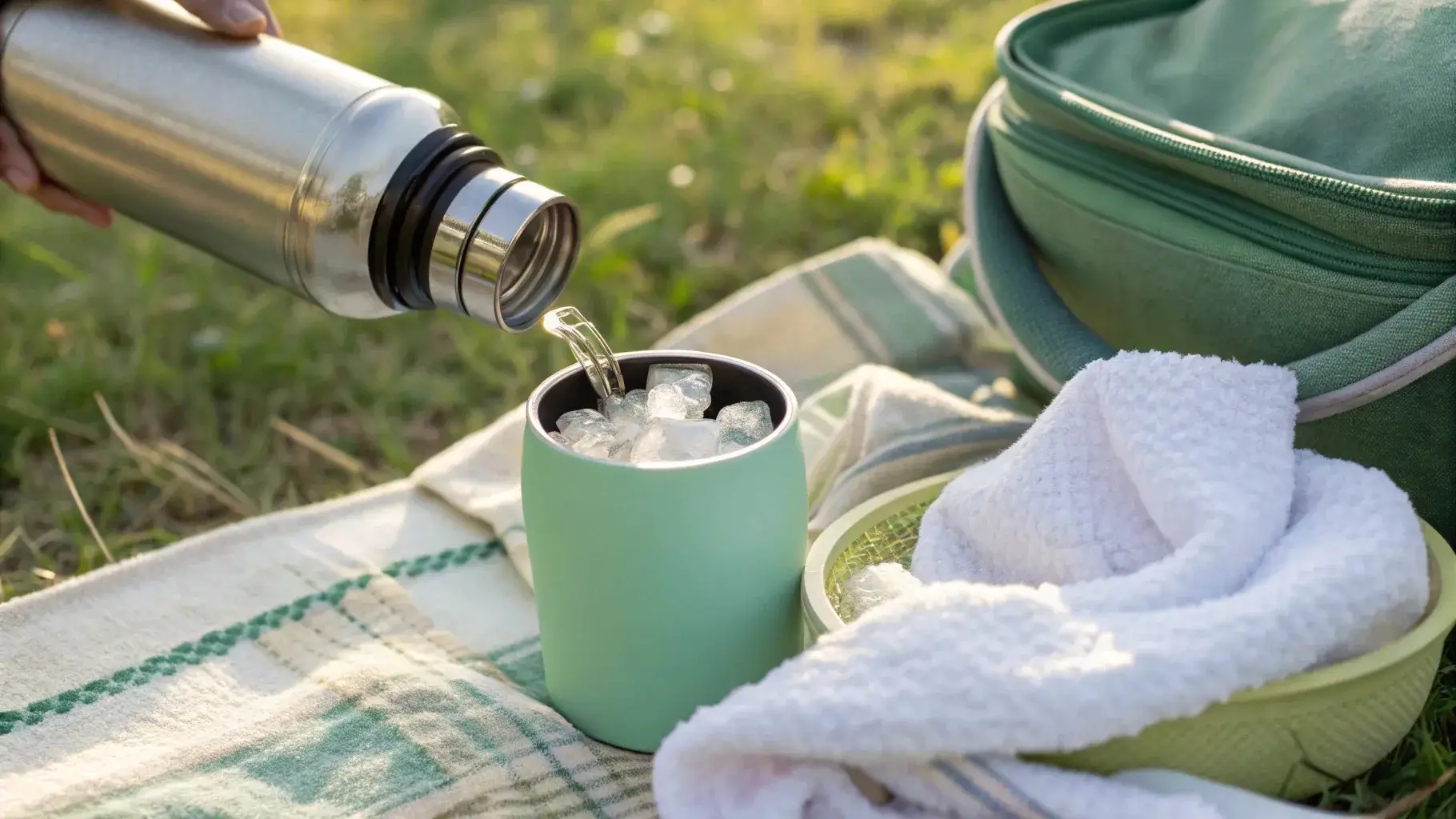 Insulated bottle with large ice cubes and towel wrap