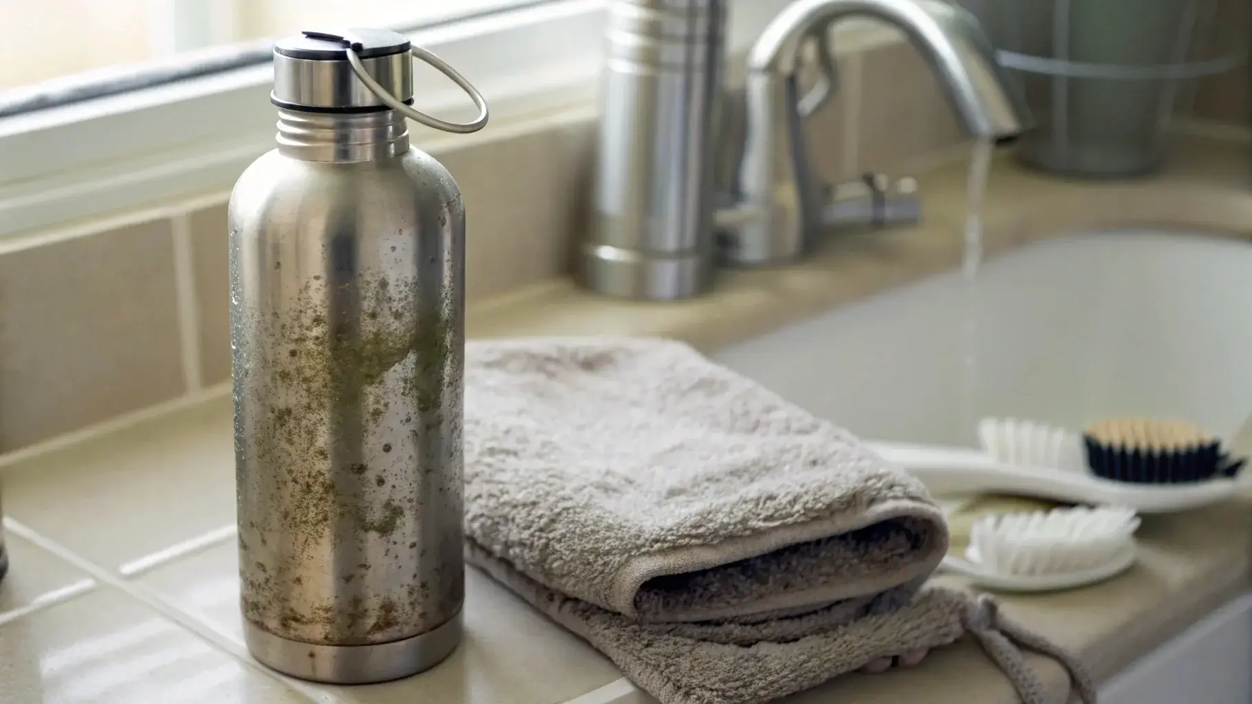 Dirty stainless steel bottle with moldy residue near the rim