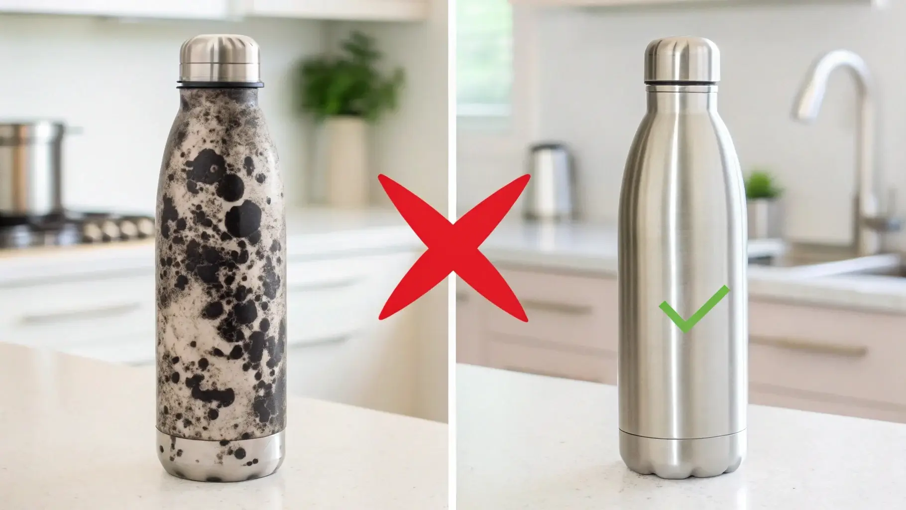 Comparison of moldy and clean stainless steel bottles