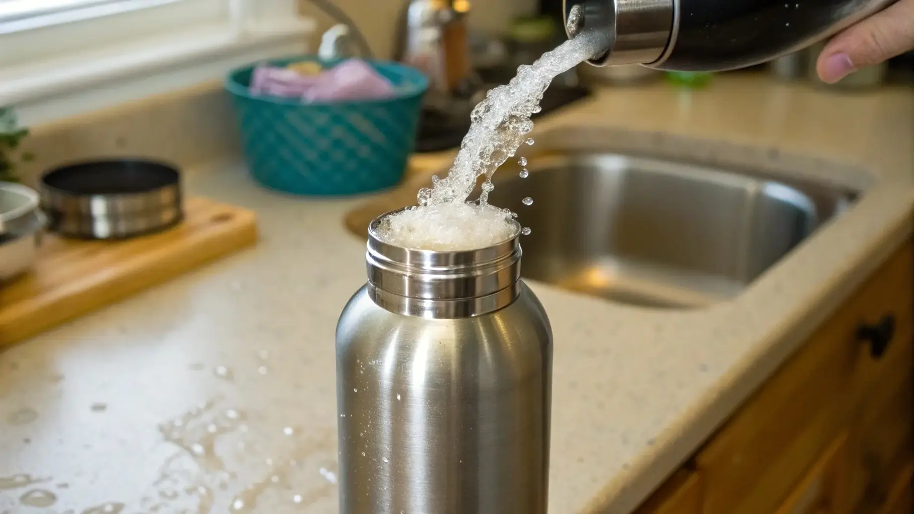 Bottle filled with water, soap, and uncooked rice being shaken vigorously