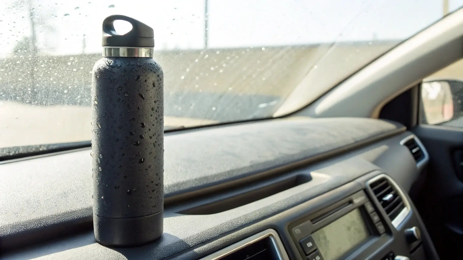 Stainless steel water bottle forgotten on a sunny car dashboard