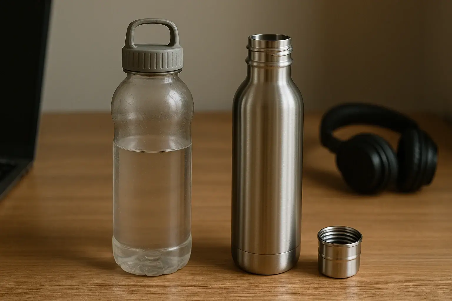 Old reused plastic bottle beside a new stainless steel bottle on a desk