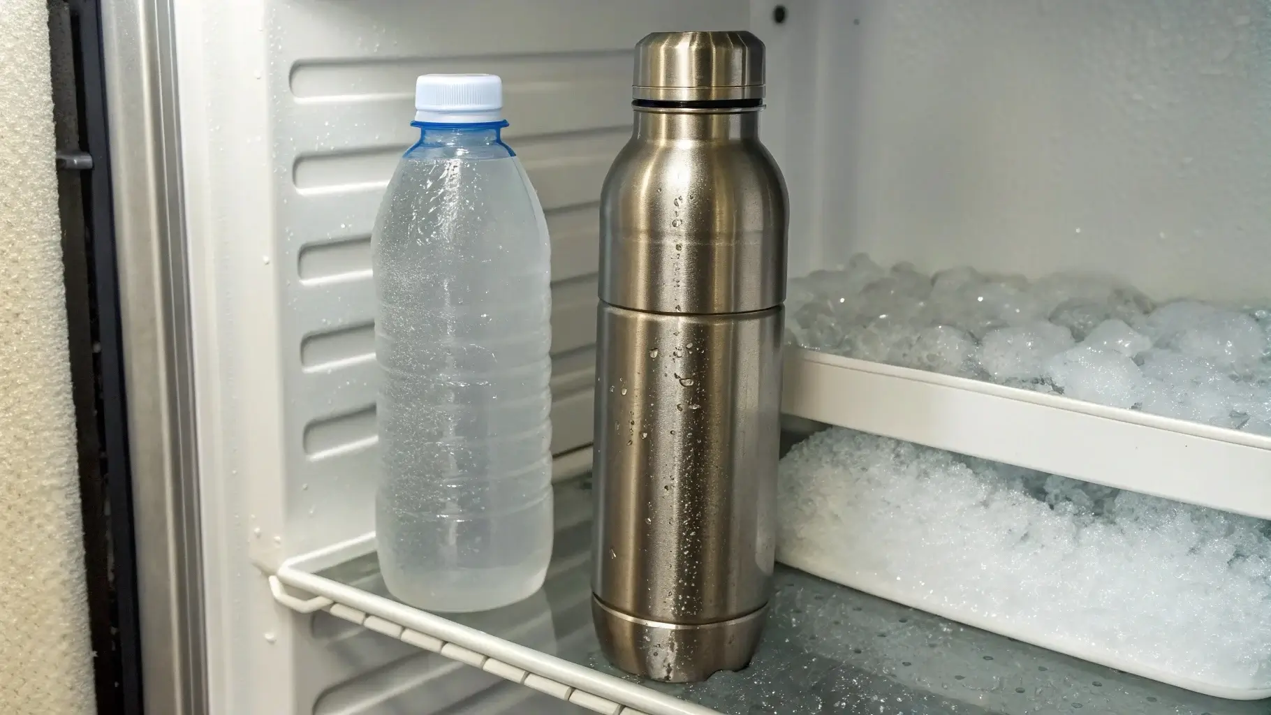 Plastic and stainless steel bottles side by side in freezer
