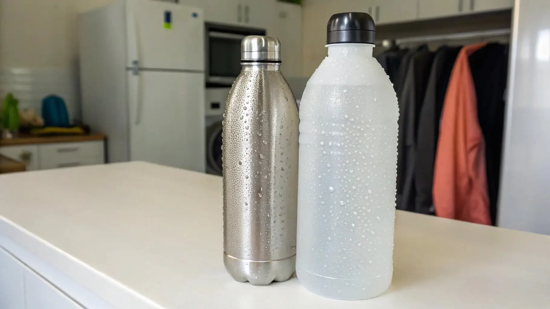 Cold bottle with no sweat next to humid one