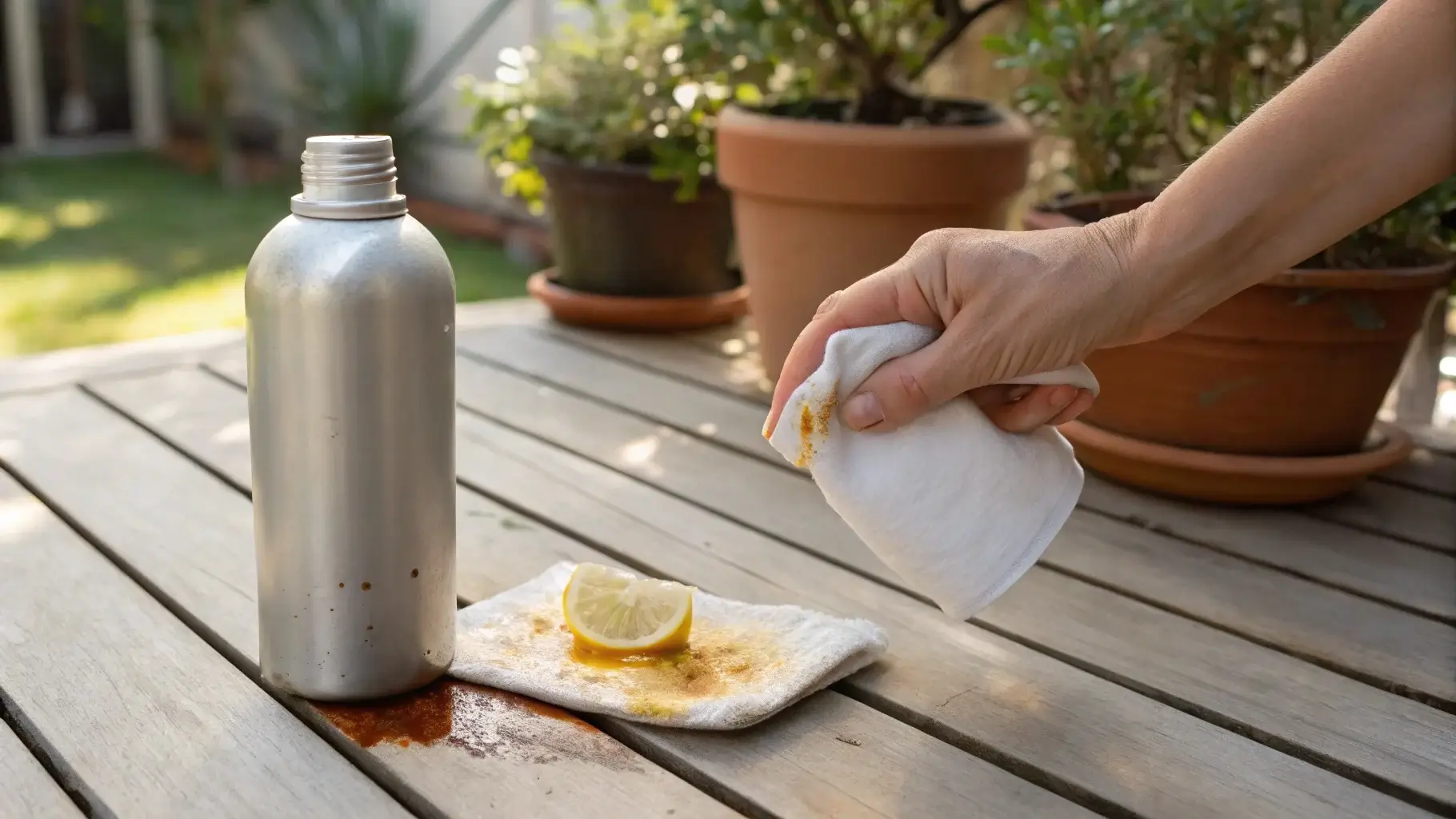 Person applying baking soda and lemon paste to a rust spot on a bottle