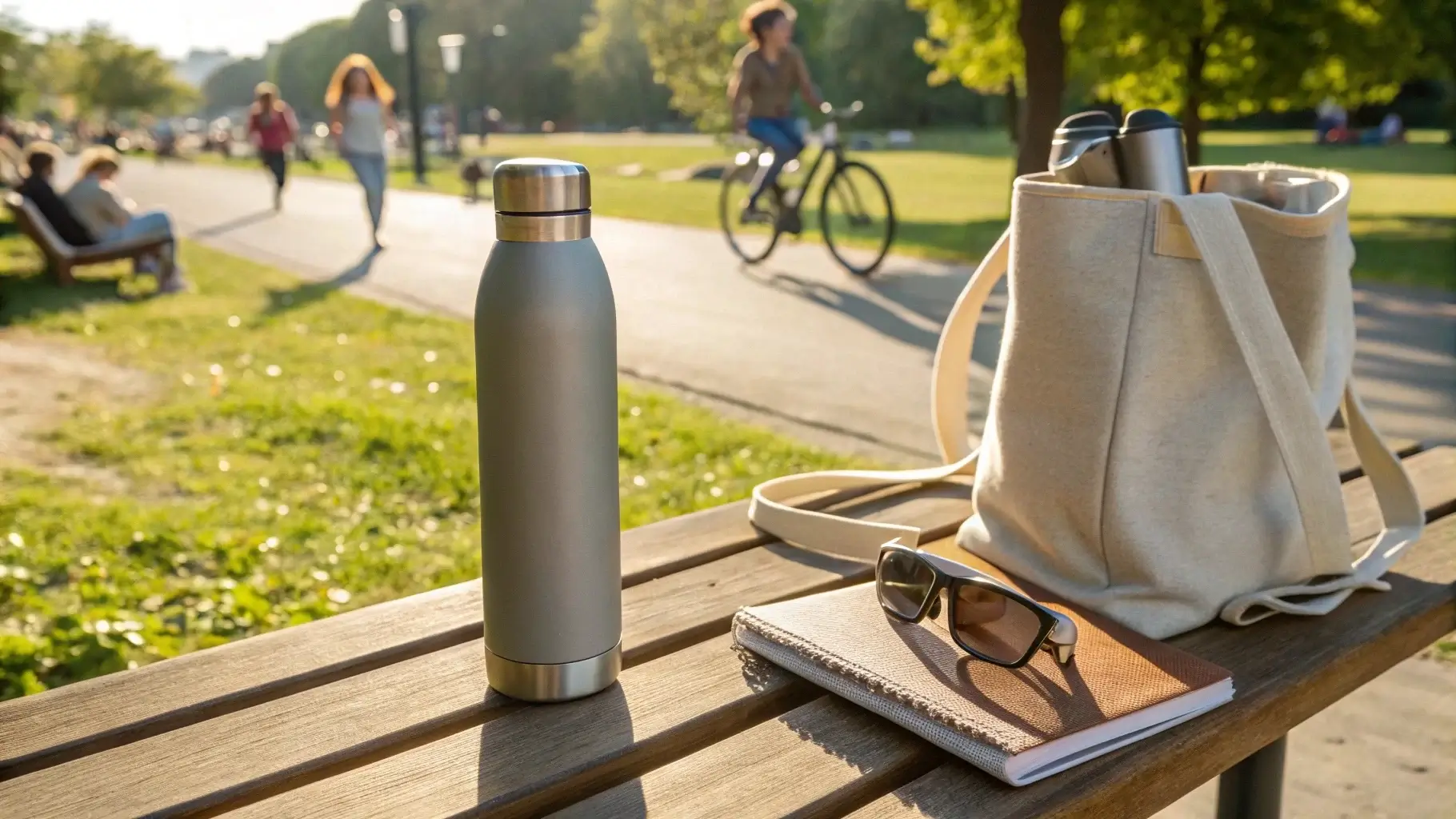 A stainless steel reusable water bottle on a wooden park bench with a canvas bag and notebook
