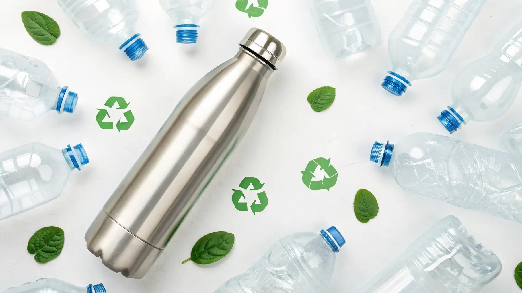 Infographic-style image of stainless steel bottle preventing 1000+ plastic bottles with icons