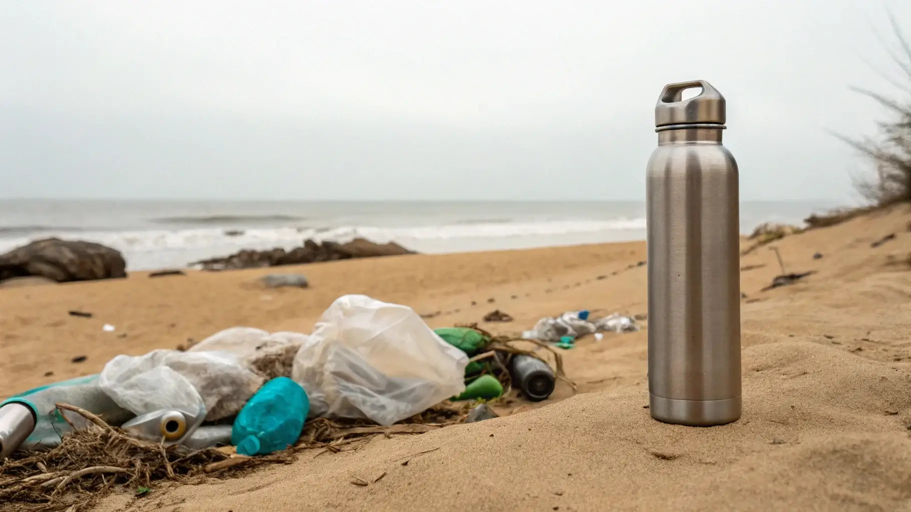 Stainless steel bottle next to a pile of crushed plastic bottles on a beach shore