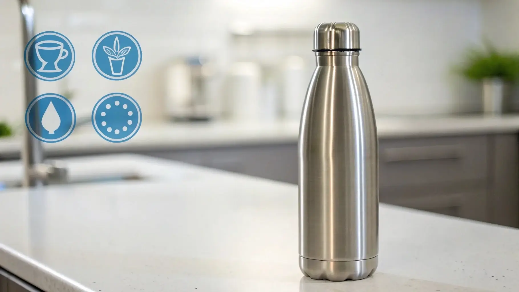 Insulated bottle with FDA and LFGB certification badges on screen overlay