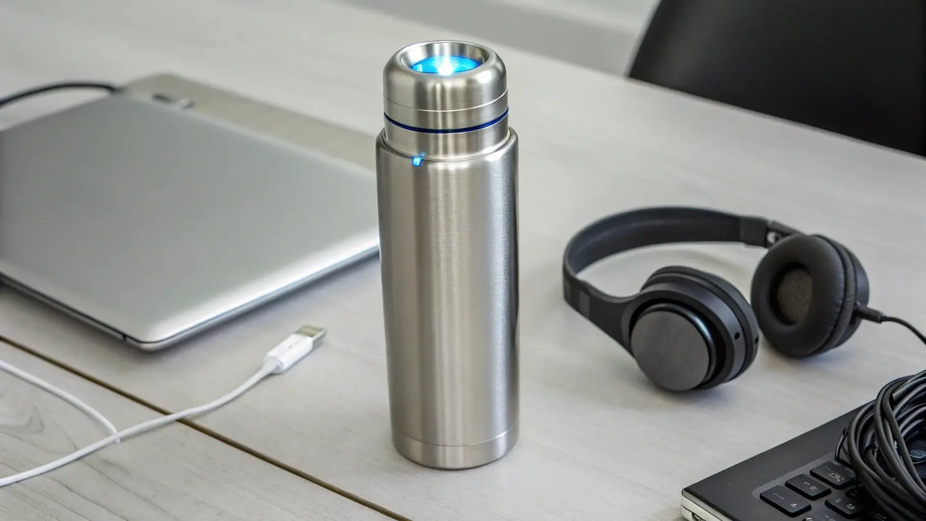 Self-cleaning stainless steel bottle glowing from UV-C light next to a charging cable