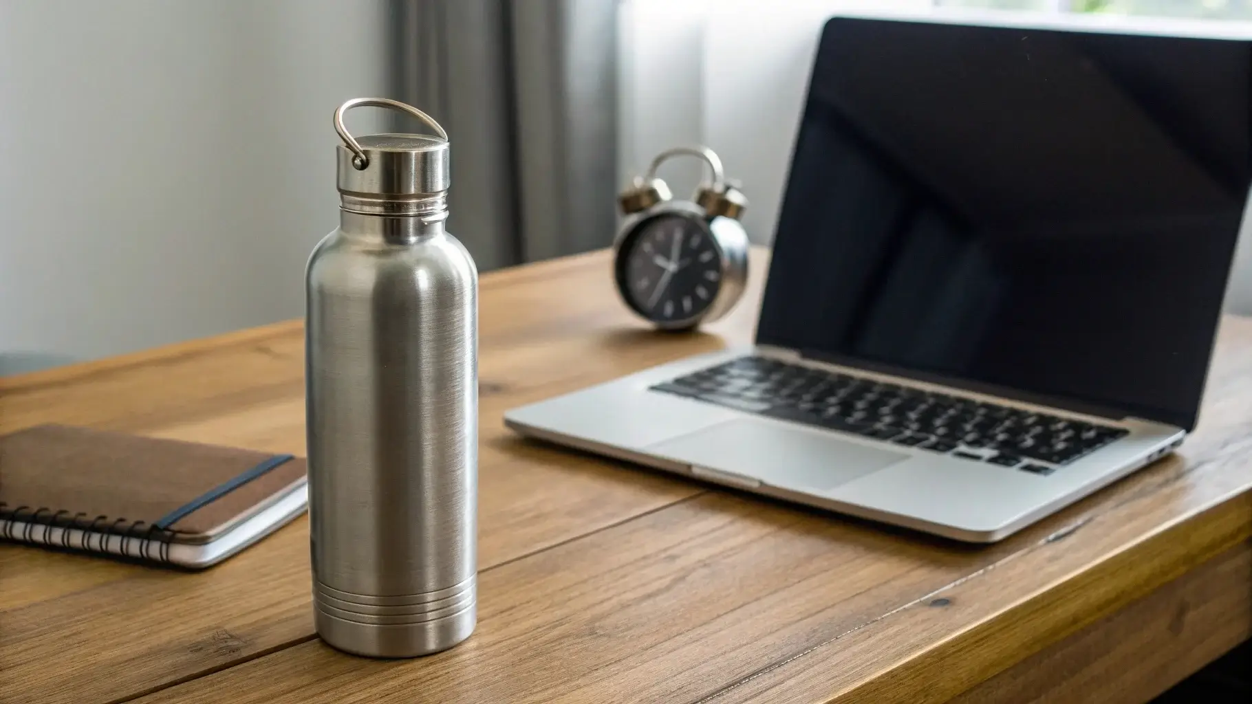Water bottle on desk with untouched water inside