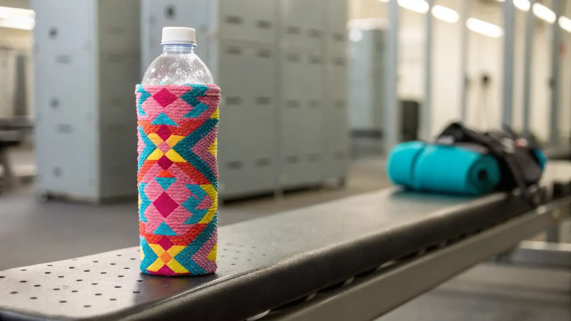 Plastic water bottle wrapped in insulating sleeve