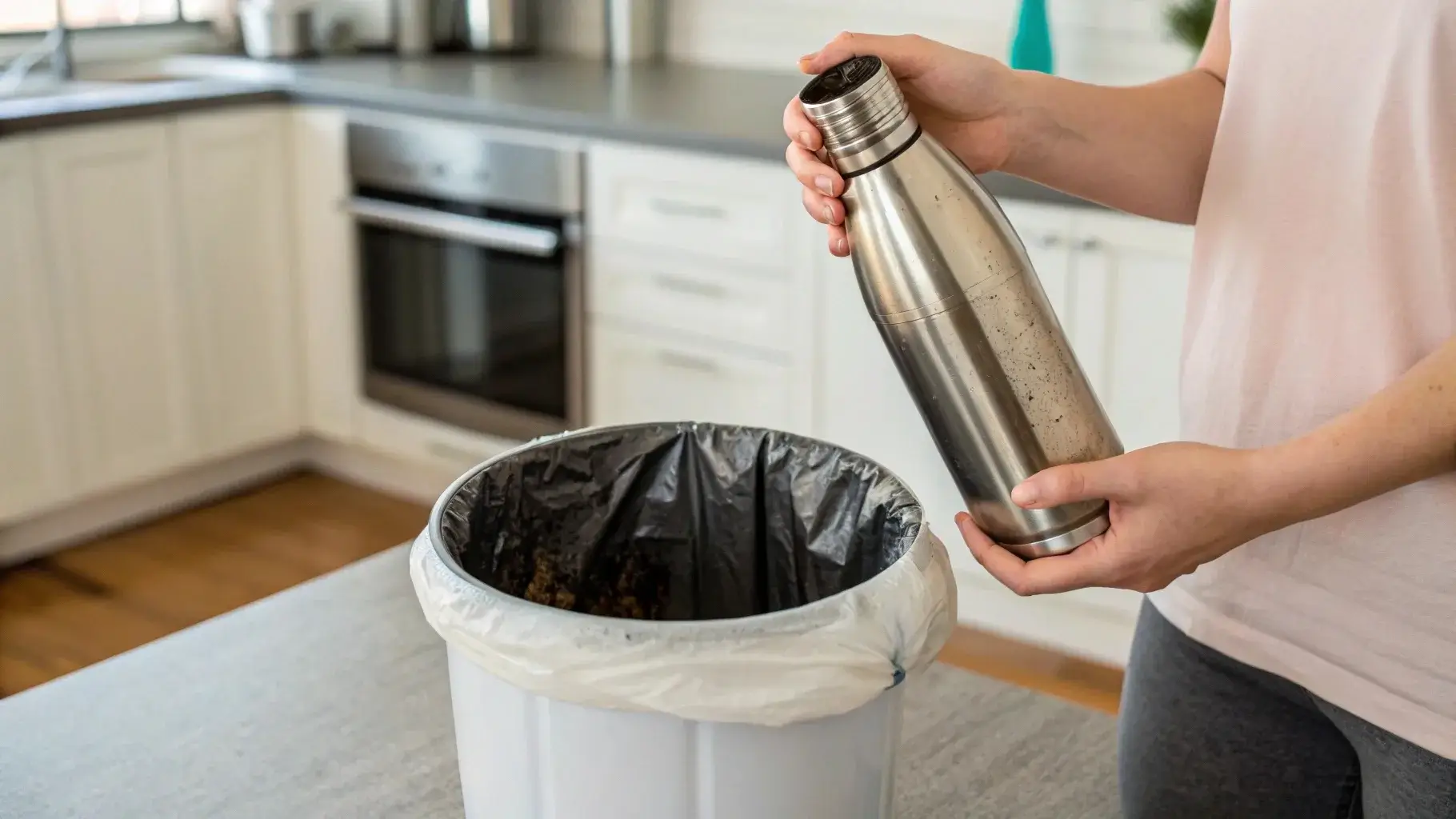 Person holding a stainless steel water bottle over a trash bin, looking uncertain