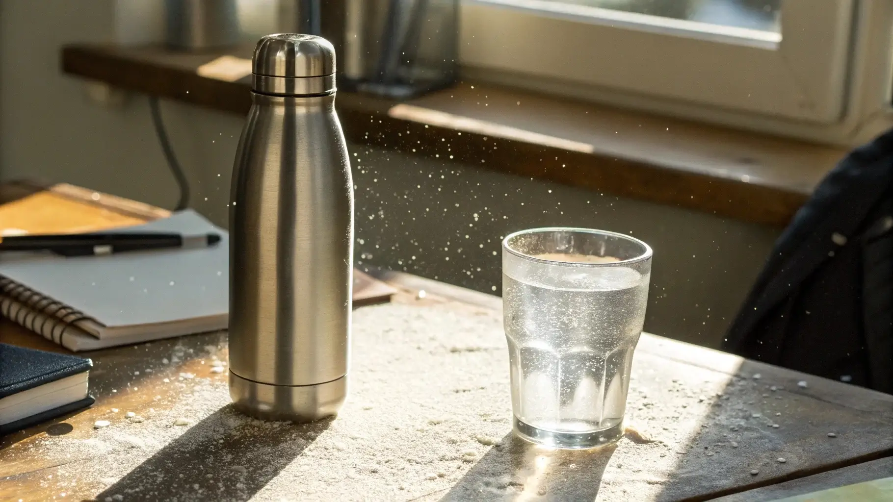 Stainless steel bottle and a clear glass with cloudy water sitting on a home desk