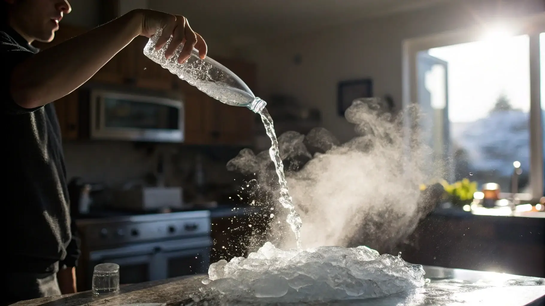 Frozen water pouring mid-air from bottle in freeze trick