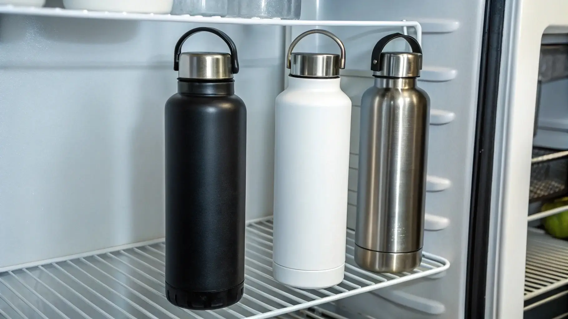 Three stainless steel bottles standing in a cool shaded kitchen shelf