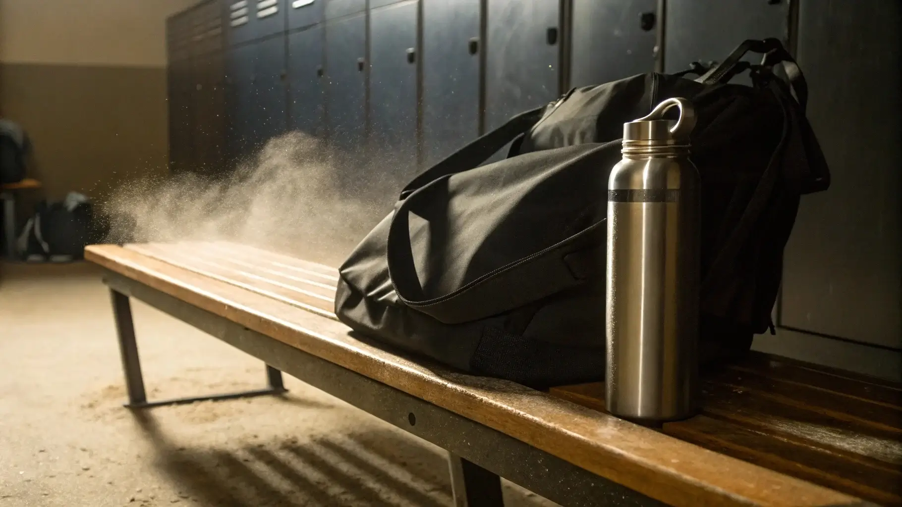 Stainless steel water bottle in a gym bag forgotten under a bench