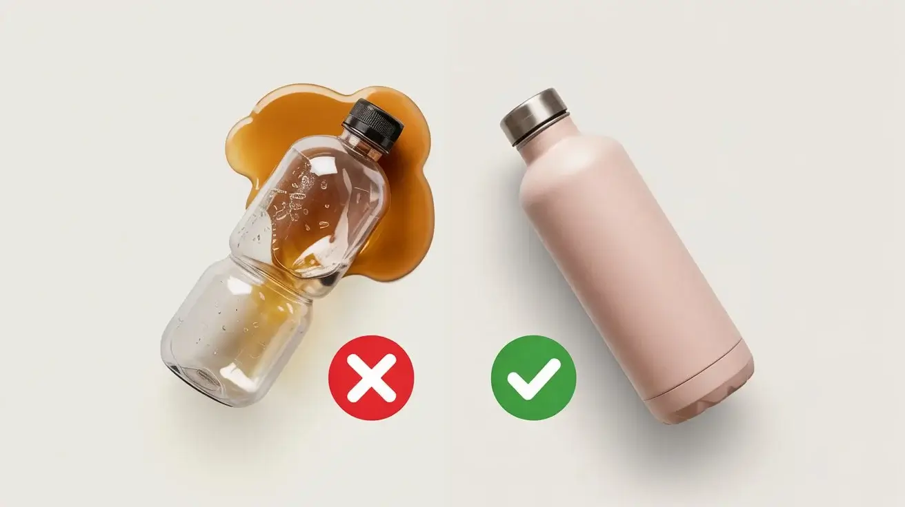 Low-quality plastic bottle and leaky lid shown