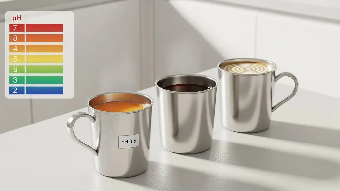 Juice, tea, and coffee in metal cups