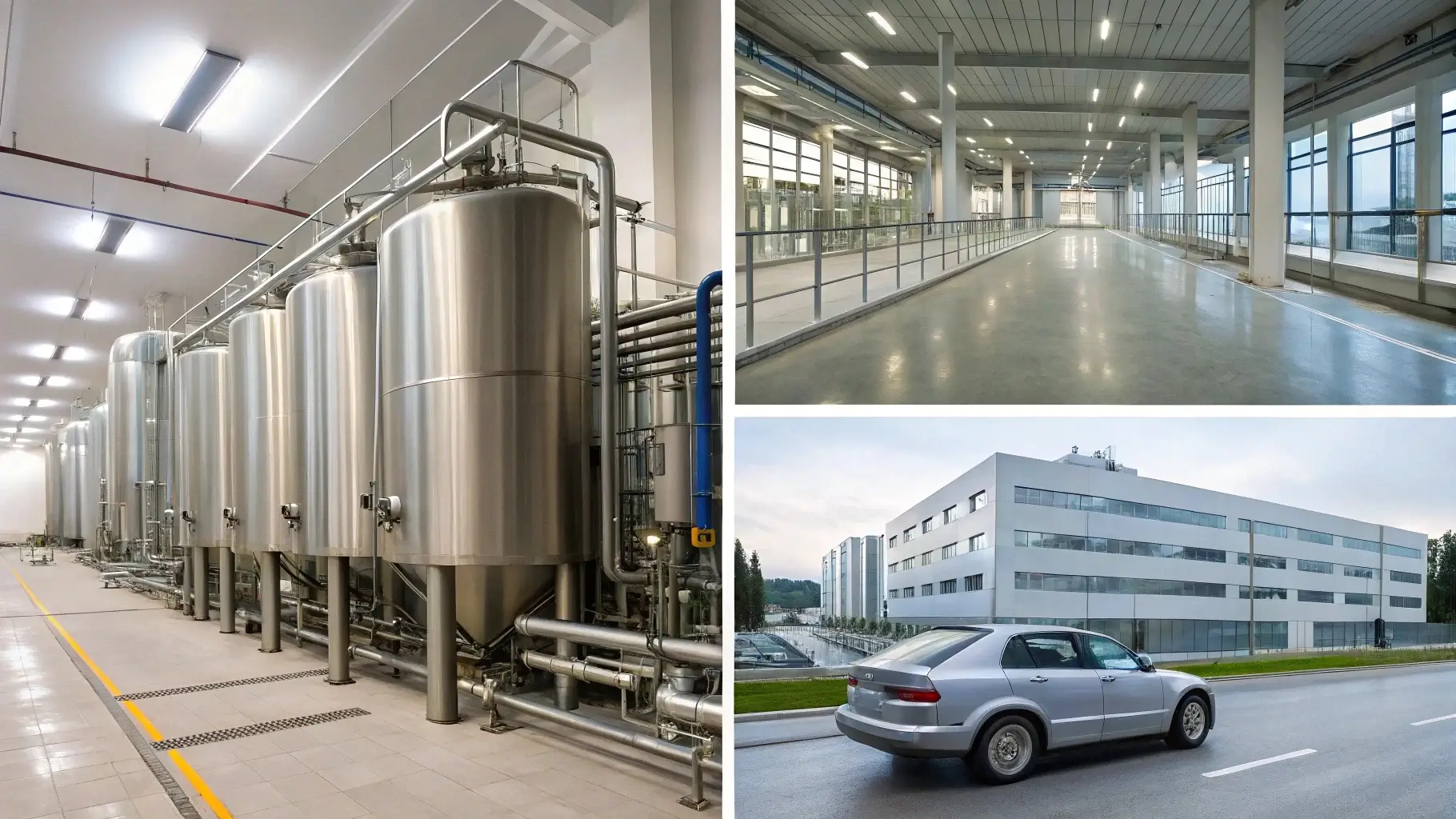 Collage of 304 tubing in breweries, labs, automotive systems, and architectural railings
