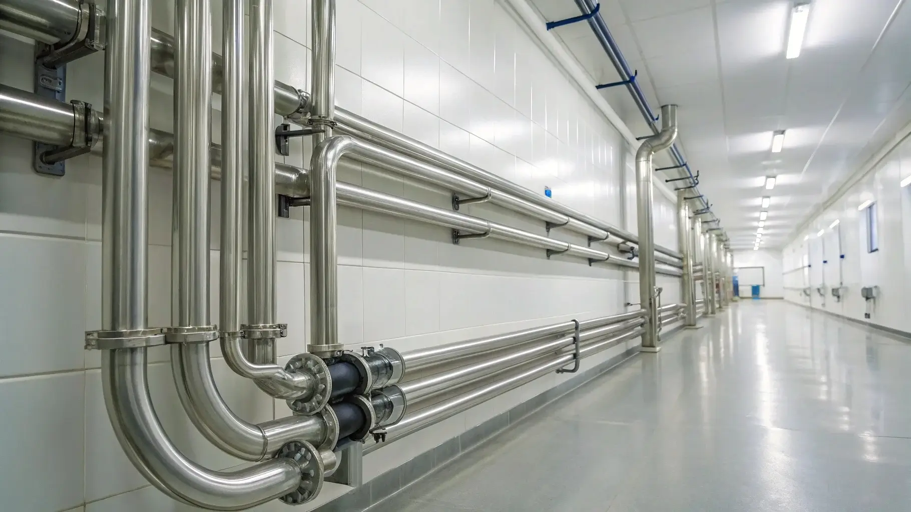 Stainless steel tubing system installed in a hygienic cleanroom or food facility