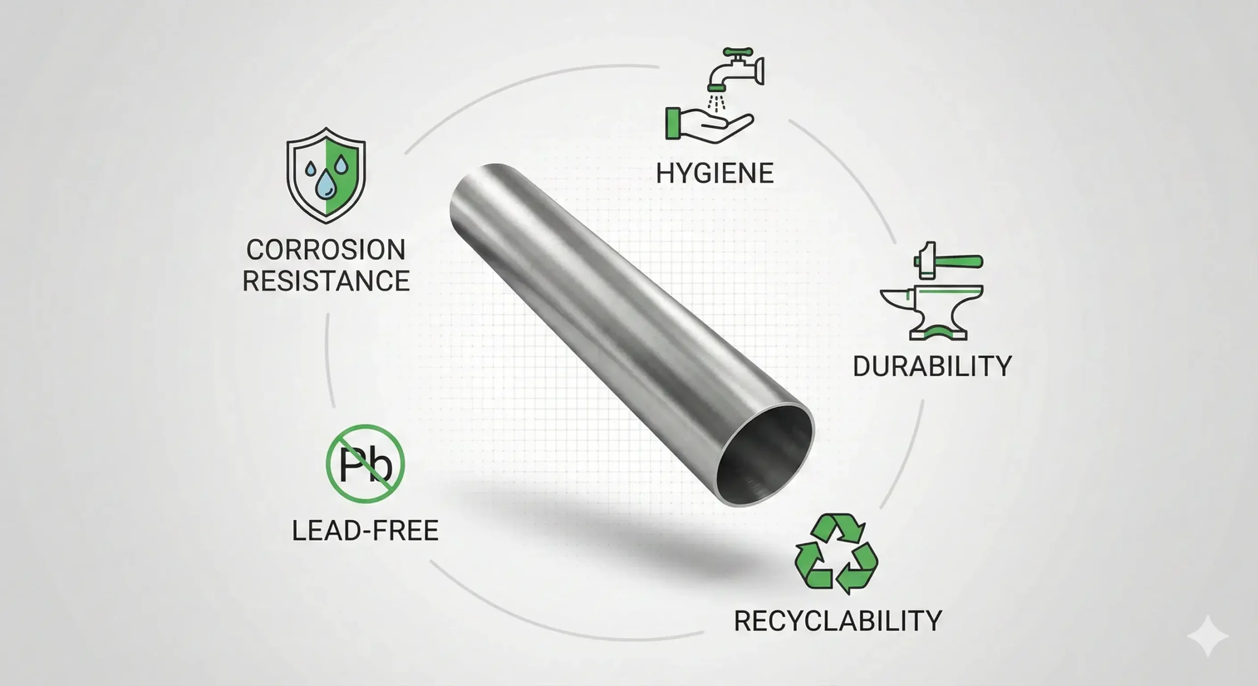 5 stainless pipe benefits displayed around pipe image