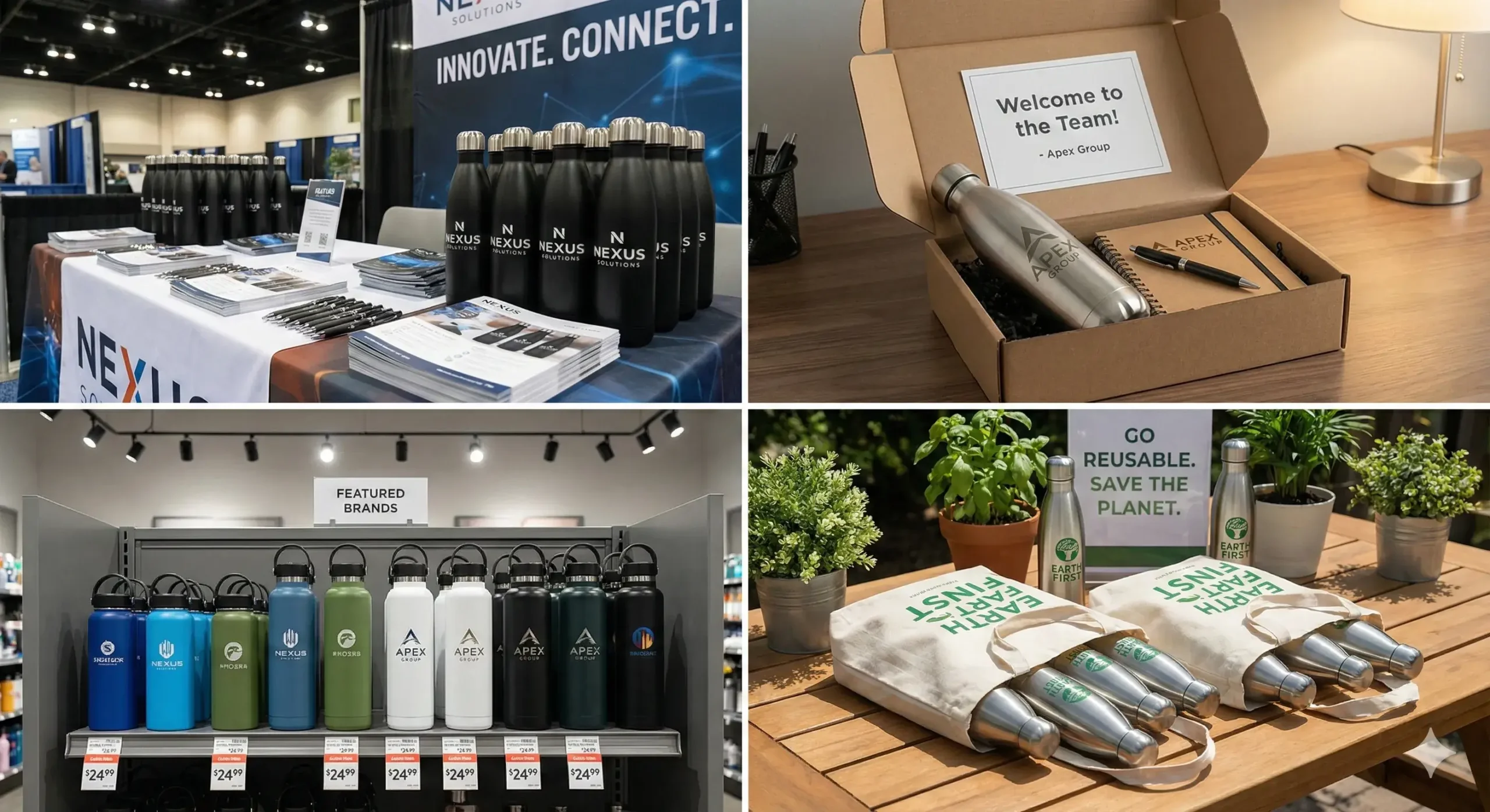 Use cases for custom bottles Grid of use cases: trade show, employee swag, eco campaign, retail shelf