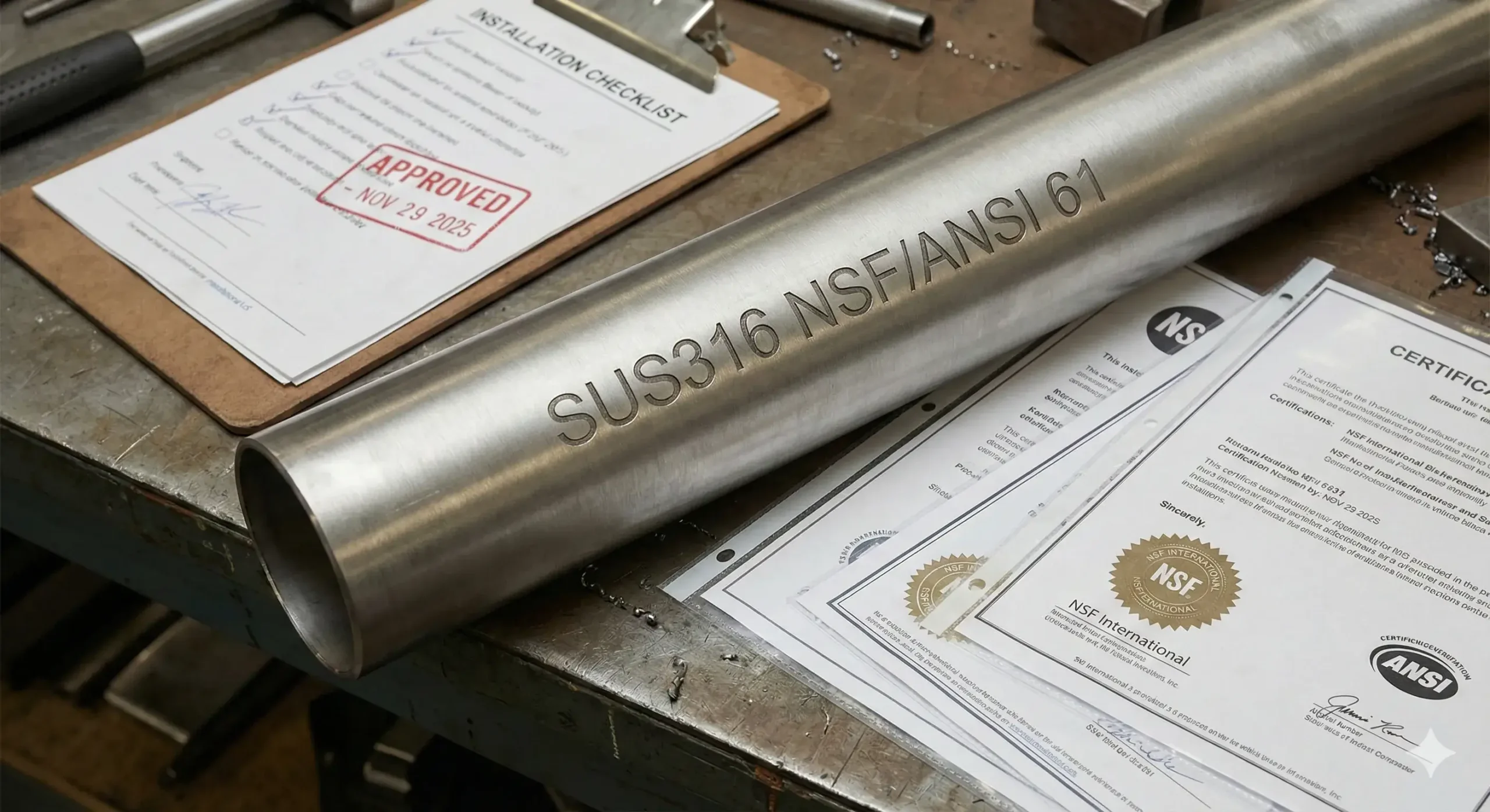 Stainless steel pipe with certification labels and documents