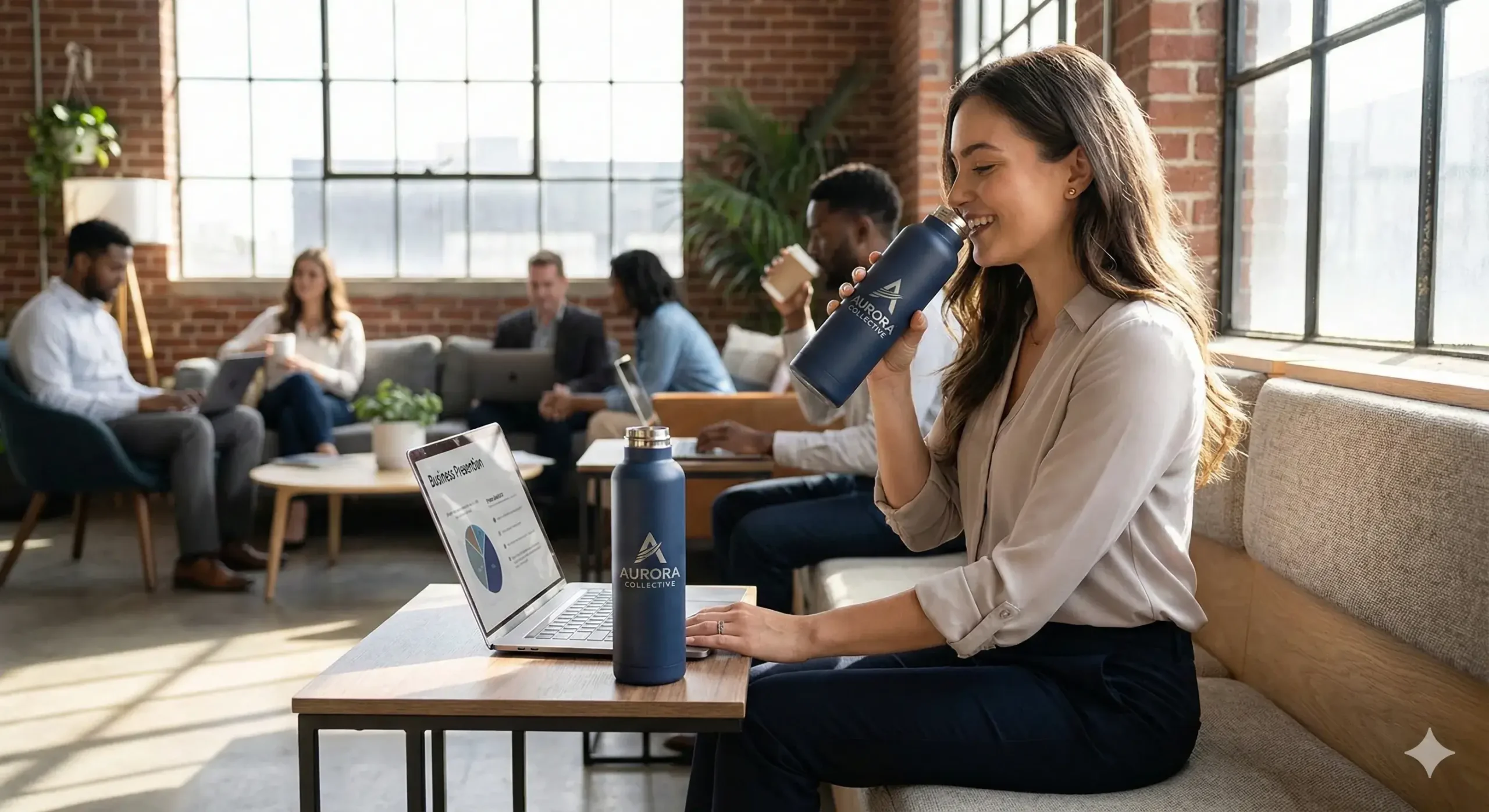 Branding visibility in action Person using branded stainless bottle in public space