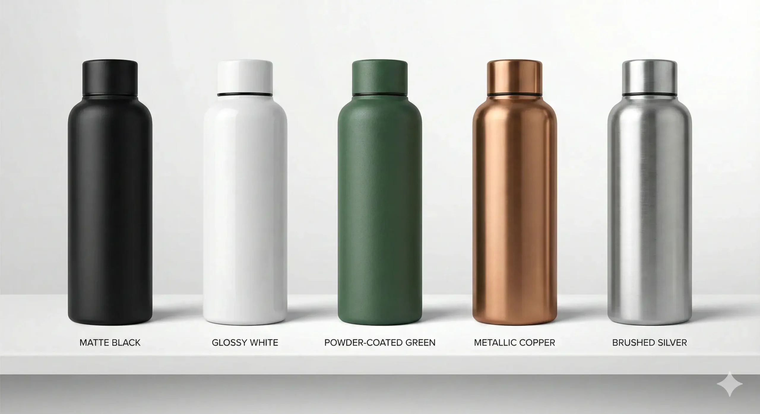 Finish types for branding Stainless bottles with different finishes: matte, glossy, powder-coated, metallic