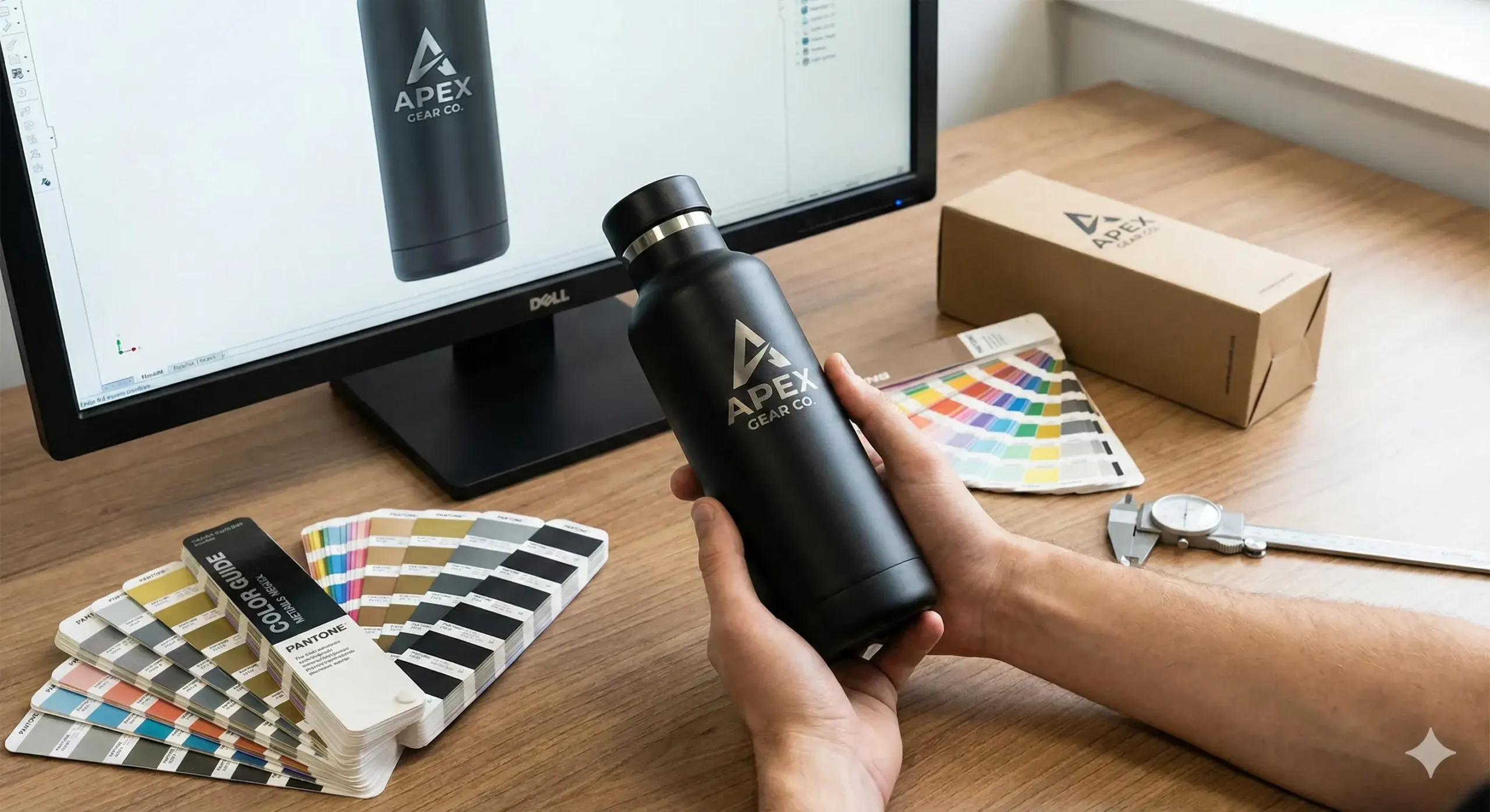 Reviewing mockup before production Hands reviewing bottle mockup with digital preview and physical sample