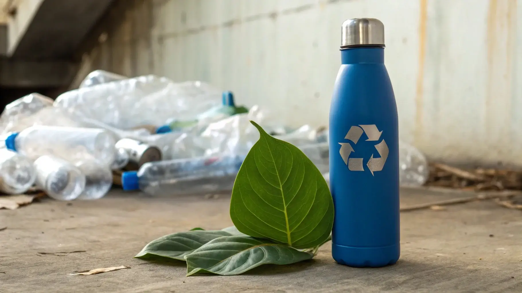 Reusable stainless bottle with recycling symbol and plastic trash in background
