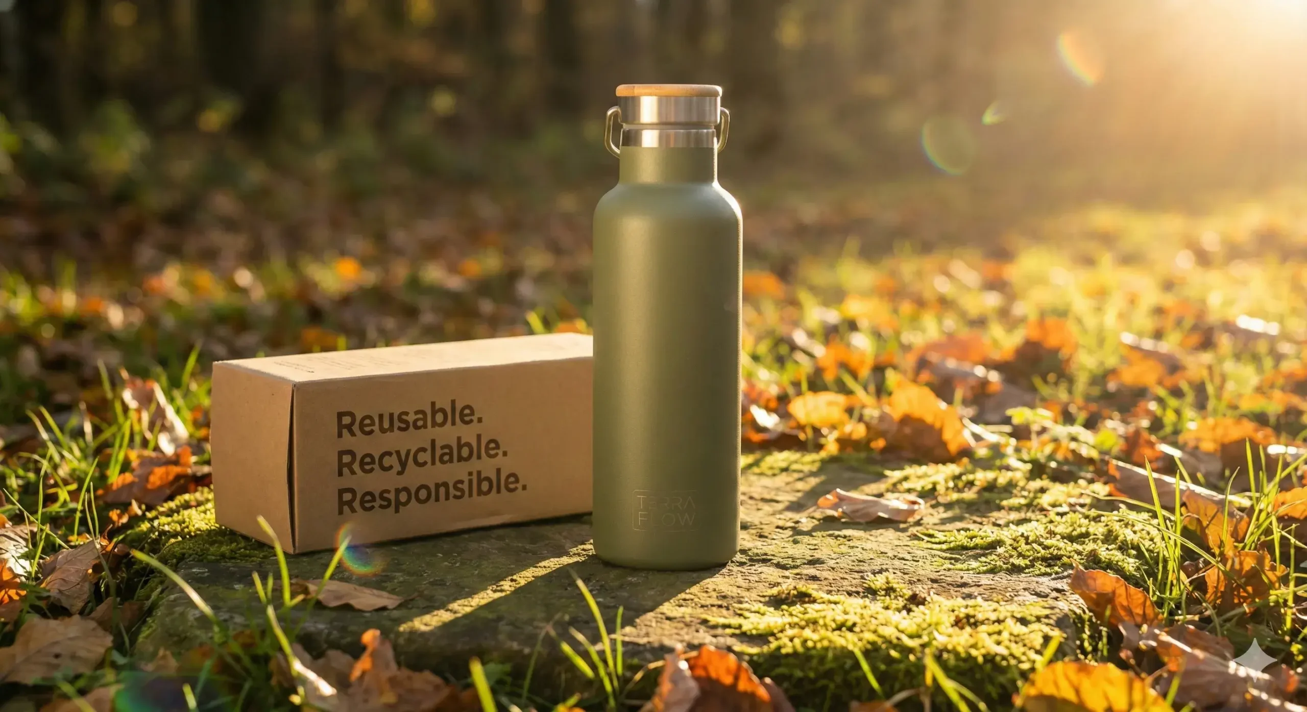 Sustainable brand promo Eco-themed stainless steel bottle with sustainable packaging outdoors