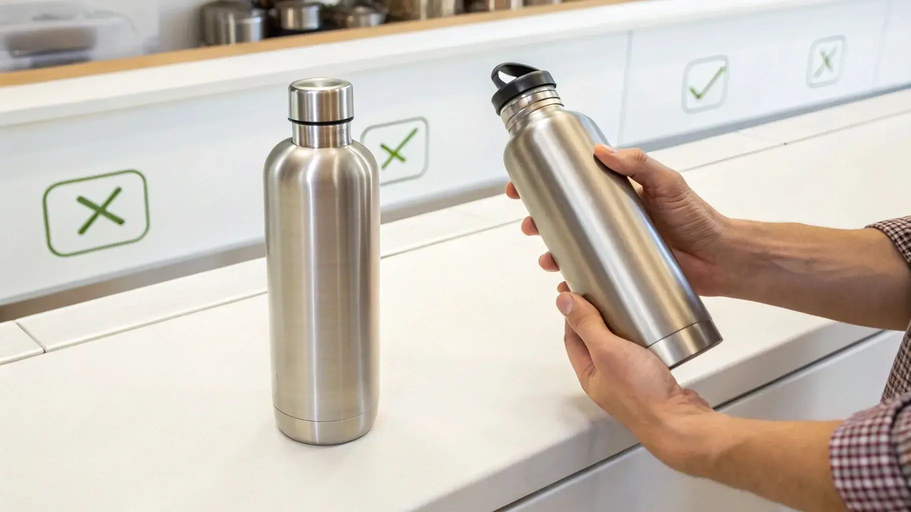 Hands holding two stainless bottles with checkmarks for food-grade labels