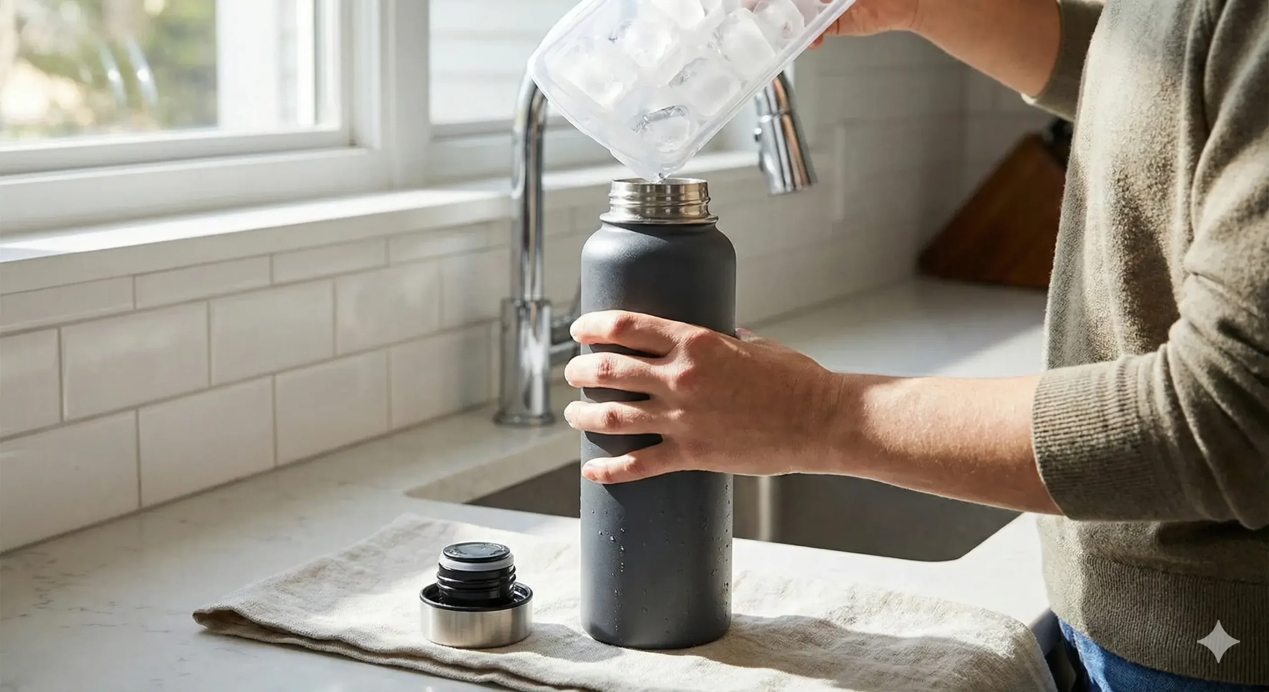 Person adding ice to pre-chilled water bottle at counter