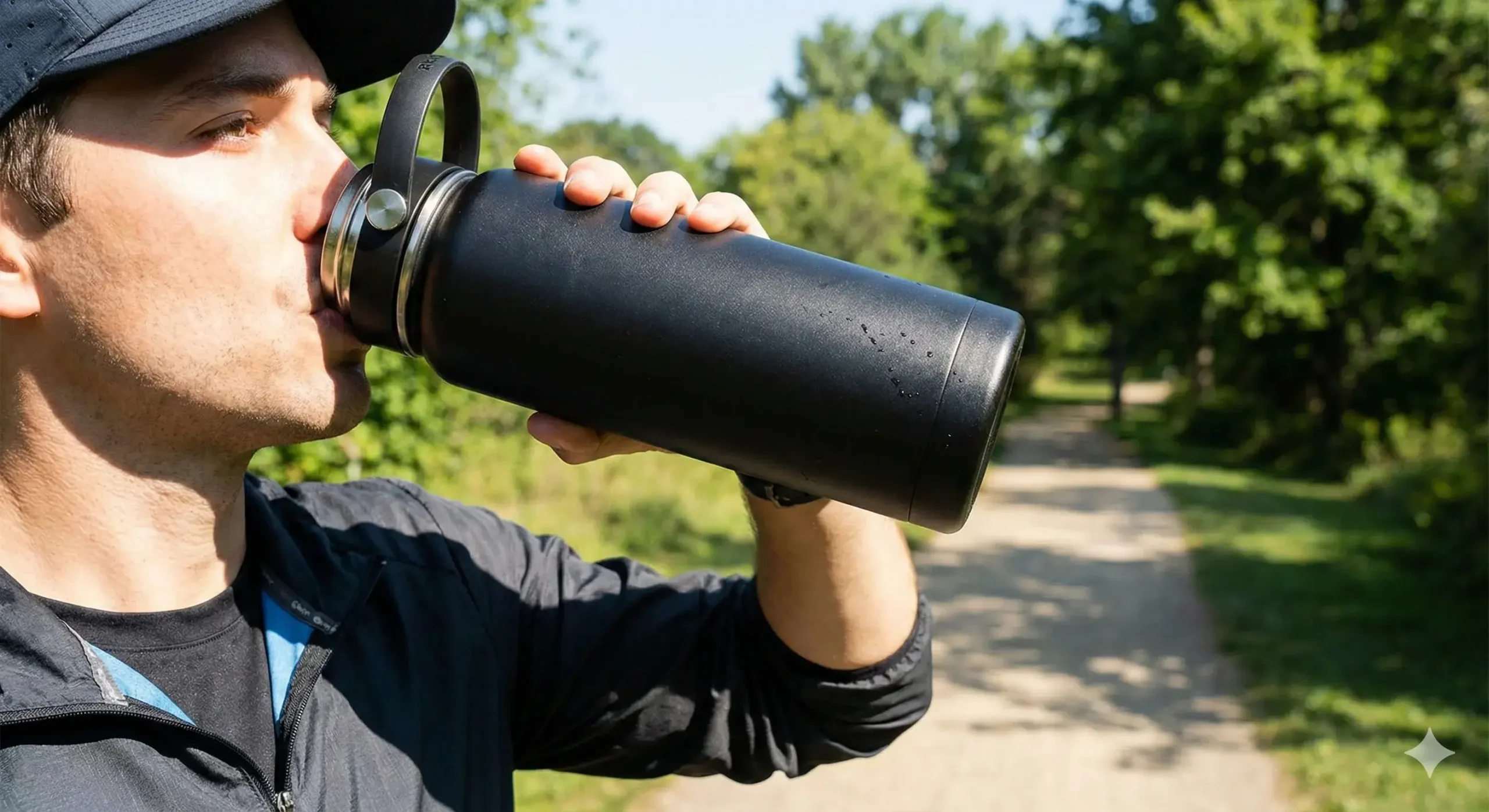 Person sipping from insulated water bottle under sun