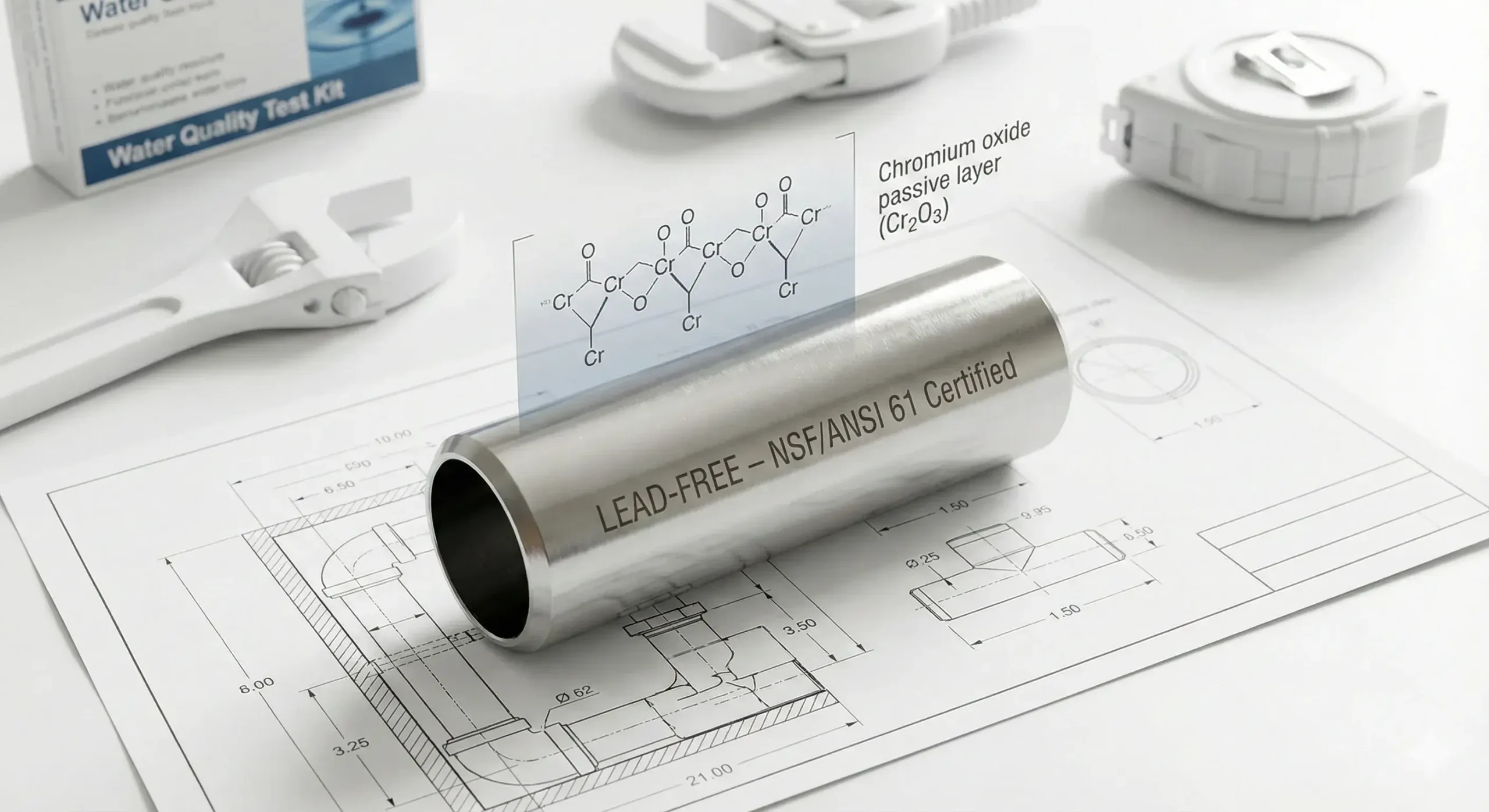 Lead-free label next to stainless pipe fitting