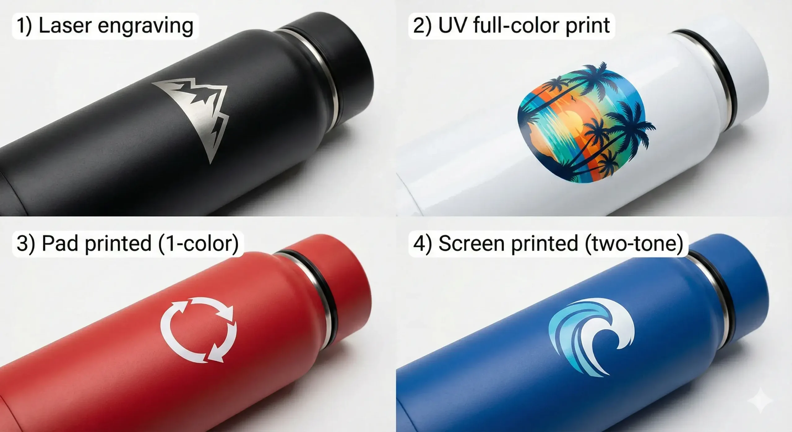 Logo application options Same bottle with different branding techniques: engraving, pad print, UV print