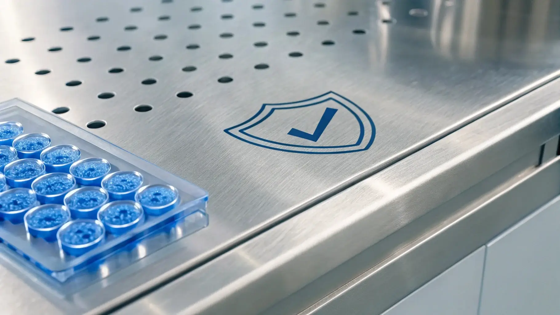 Magnified stainless surface showing no leaching and safety check symbols