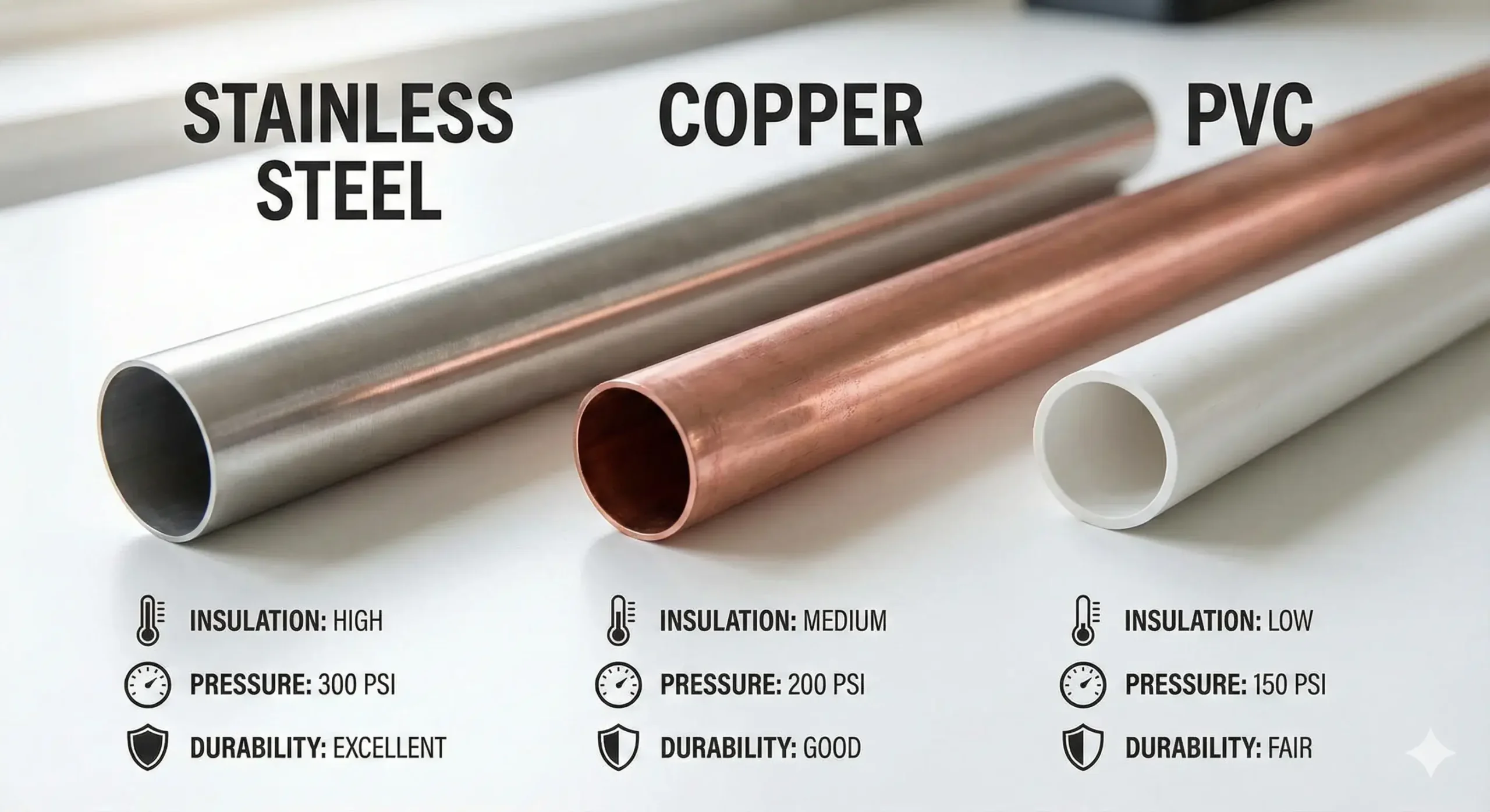 Three pipe materials side-by-side: stainless, copper, PVC