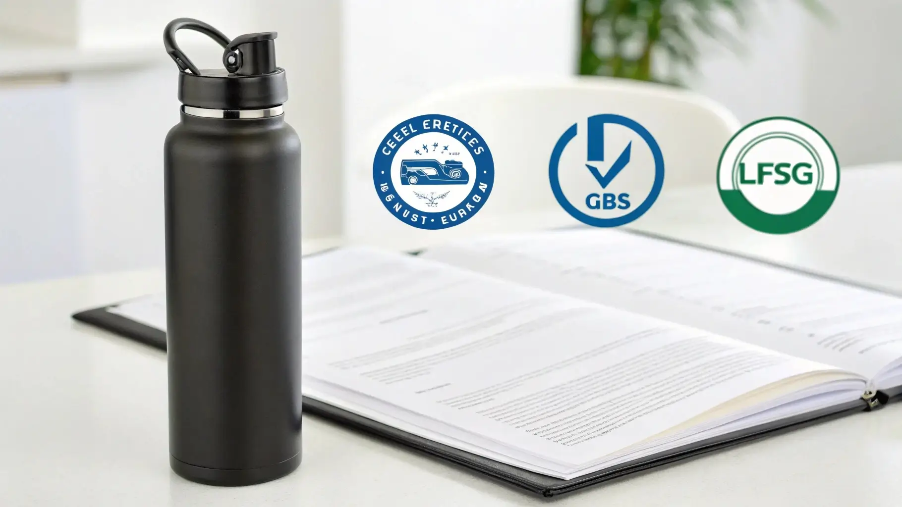 Stainless steel bottle beside FDA, LFGB, and NSF certification logos