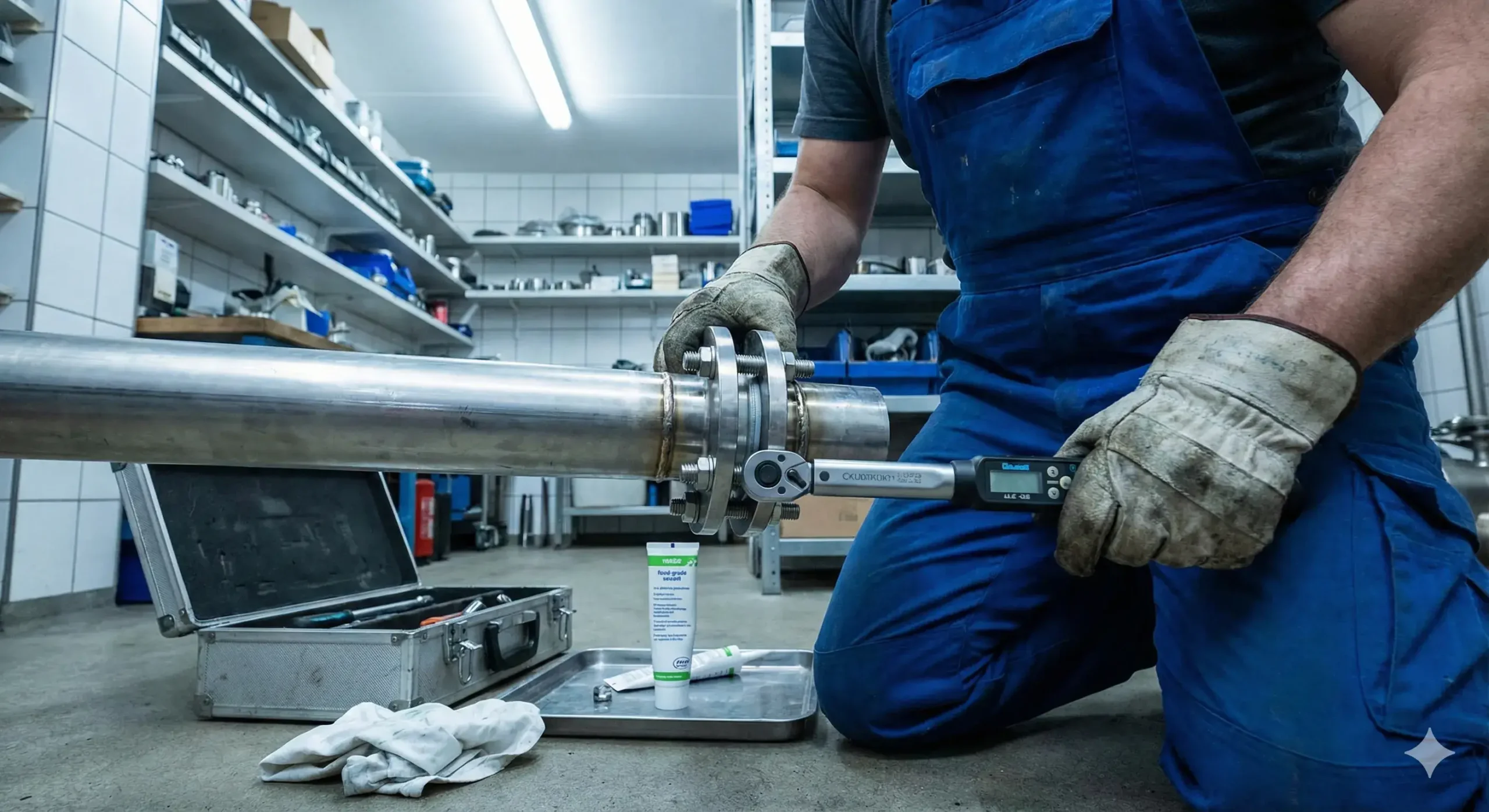 Plumber installing stainless steel pipes with proper materials