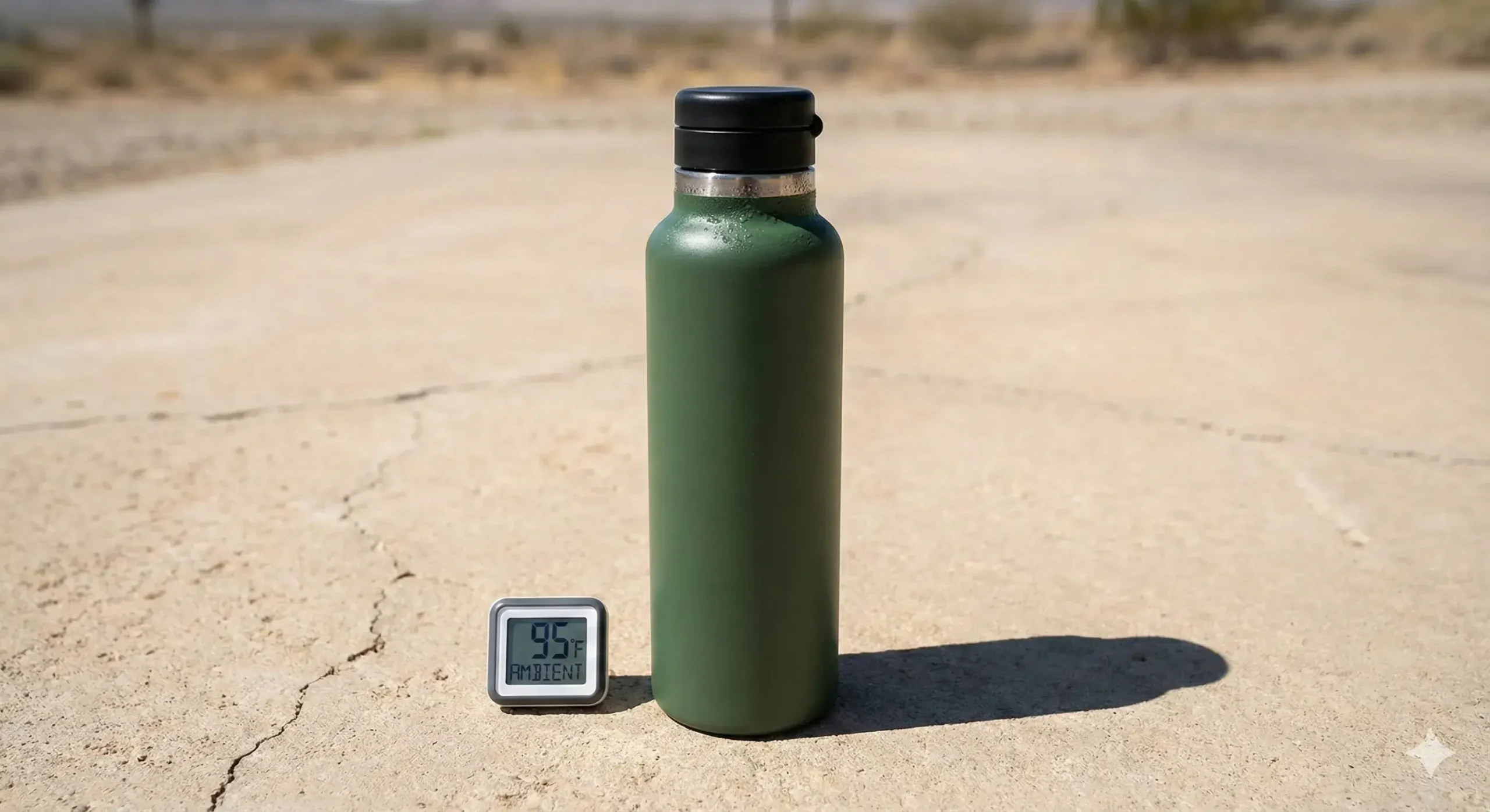 Stainless steel bottle on hot ground, still cold inside