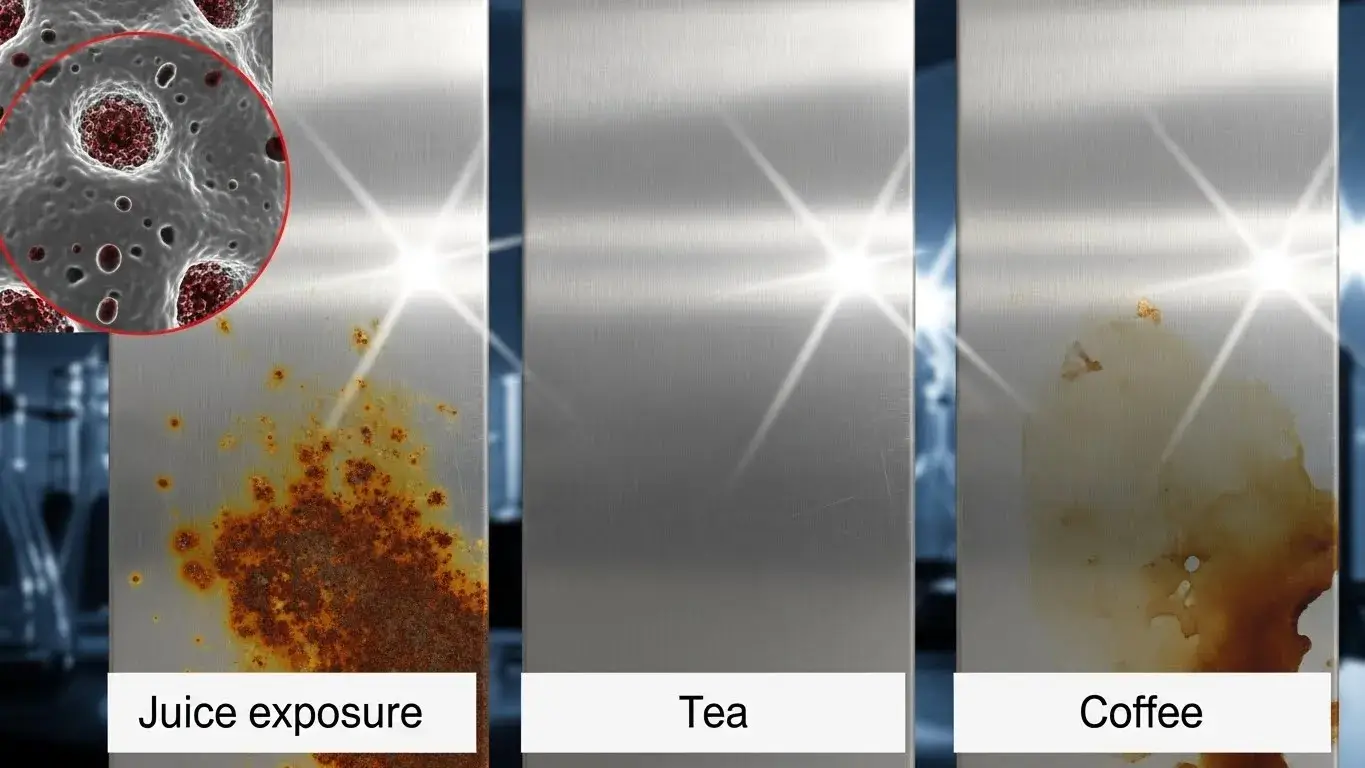 Visible corrosion on stainless steel from juice